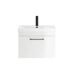 Emily Gloss White Wall Mounted 1 Drawer Vanity Unit, Thin-Edged Basin, Matt Black Handle & Overflow