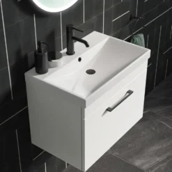 Emily Gloss White Wall Mounted 1 Drawer Vanity Unit, Thin-Edged Basin, Matt Black Handle & Overflow
