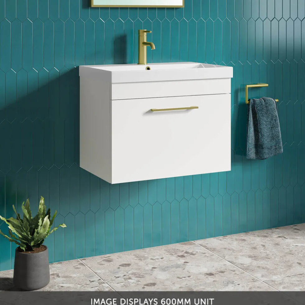 Emily Gloss White Wall Mounted 1 Drawer Vanity Unit, Thin-Edged Basin, Brushed Brass Handle & Overflow