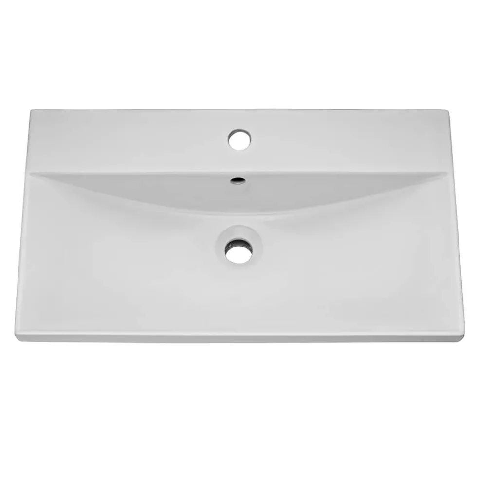 Emily Gloss White Wall Mounted 1 Drawer Vanity Unit, Thin-Edged Basin, Brushed Brass Handle & Overflow