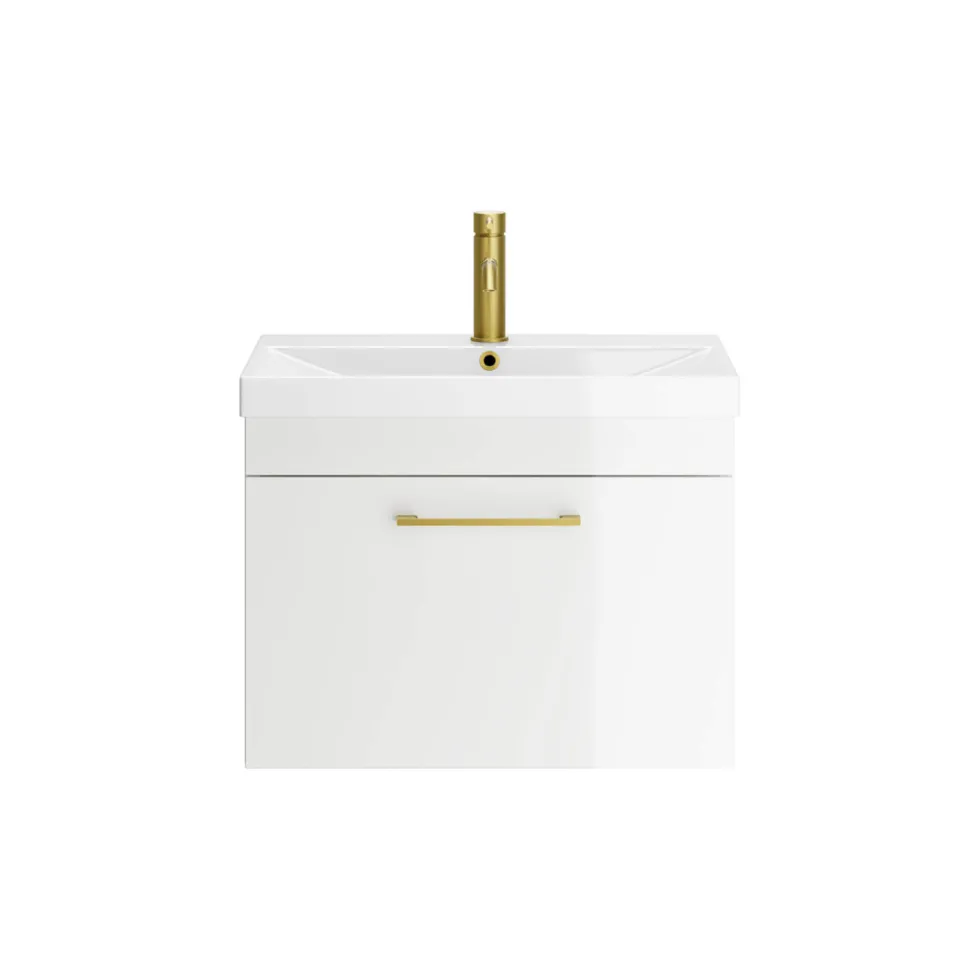 Emily Gloss White Wall Mounted 1 Drawer Vanity Unit, Thin-Edged Basin, Brushed Brass Handle & Overflow