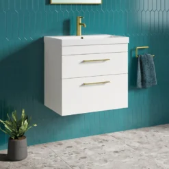 Emily Gloss White Wall Mounted 2 Drawer Vanity Unit, Thin-Edged Basin, Brushed Brass Handles & Overflow