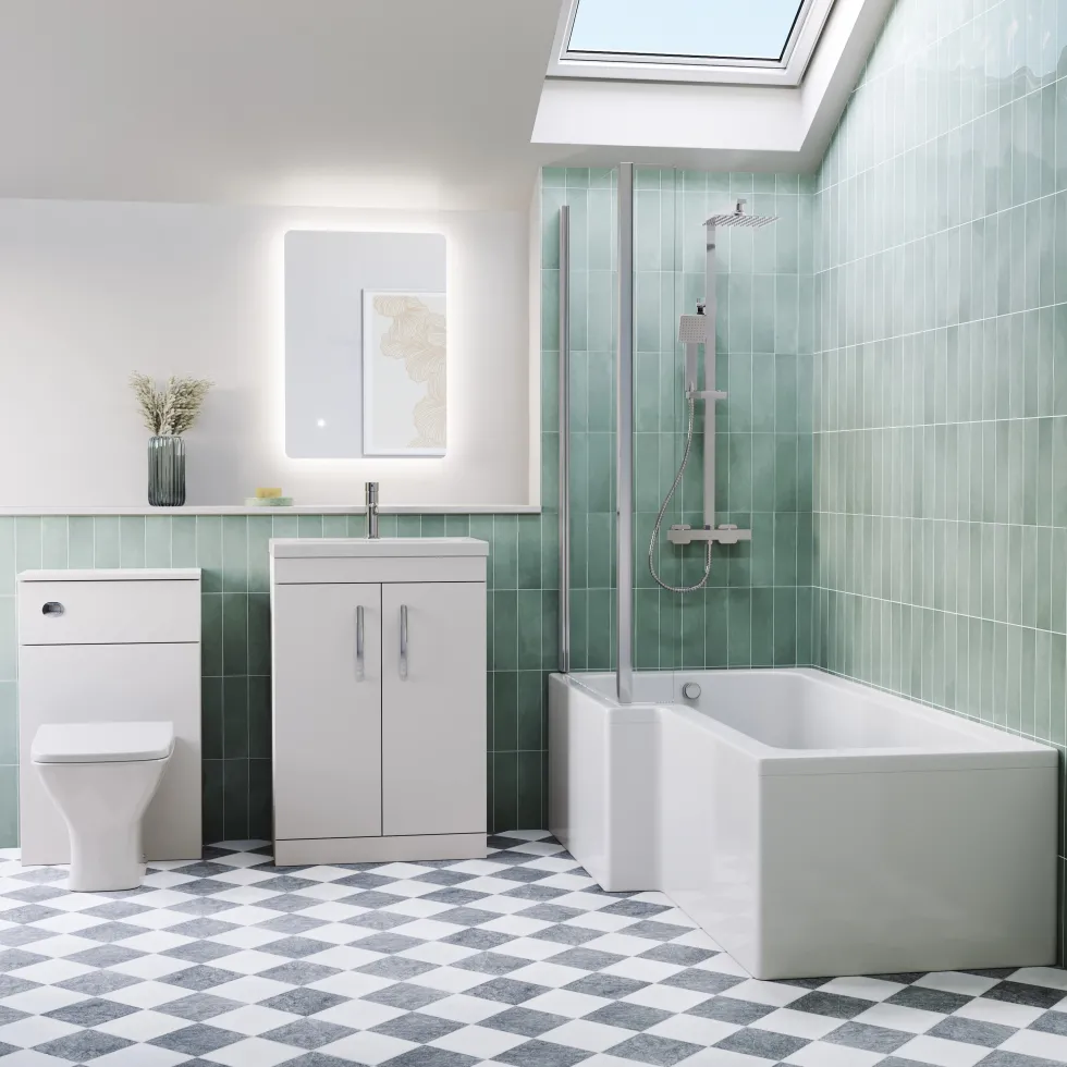Emily L Shaped Shower Bath Suite with Rimless Back to Wall Toilet & 1700mm Bath