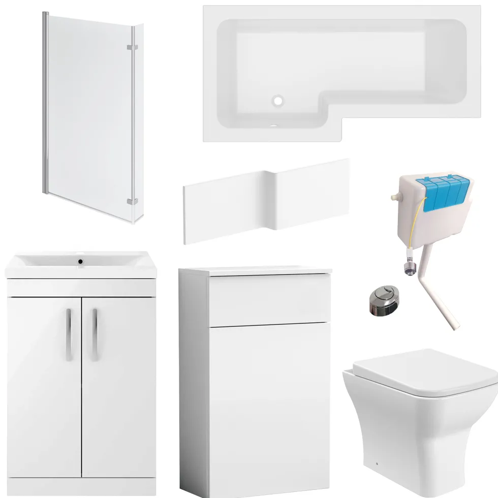 Emily L Shaped Shower Bath Suite with Rimless Back to Wall Toilet & 1700mm Bath