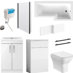 Emily Matt Black L Shaped Shower Bath Suite with Rimless Back to Wall Toilet & 1700mm Bath