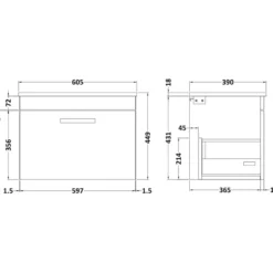 Emily 600mm Wall Mounted 1 Drawer Vanity Unit and Countertop