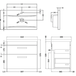 Emily 600mm Wall Mounted 2 Drawer Vanity Unit & Basin Options