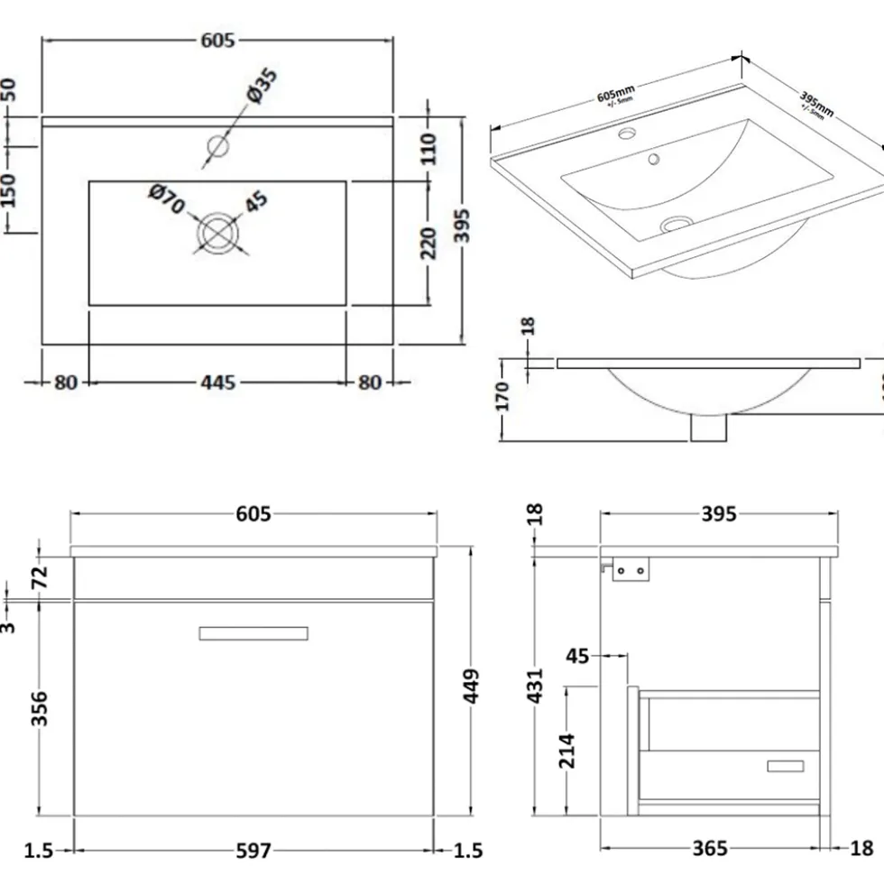 Emily 600mm Wall Mounted 1 Drawer Vanity Unit & Basin Options