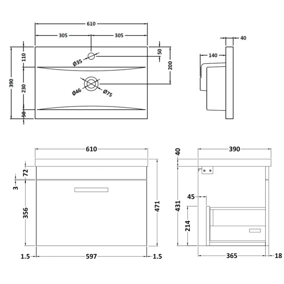 Emily 600mm Wall Mounted 1 Drawer Vanity Unit & Basin Options