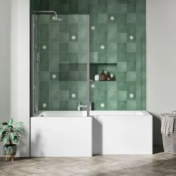 Emily Modern Shower Bath Suite with 1700mm L Shaped Bath & Rimless Toilet