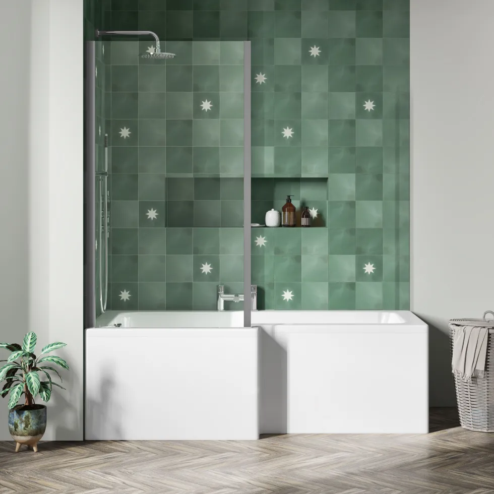 Emily Modern Shower Bath Suite with 1700mm L Shaped Bath & Rimless Toilet