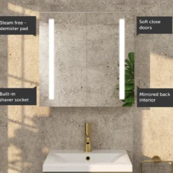 Erin Aluminium Double Door LED Bathroom Mirror Cabinet with Demister Pad & Shaver Socket - 600 x 600mm