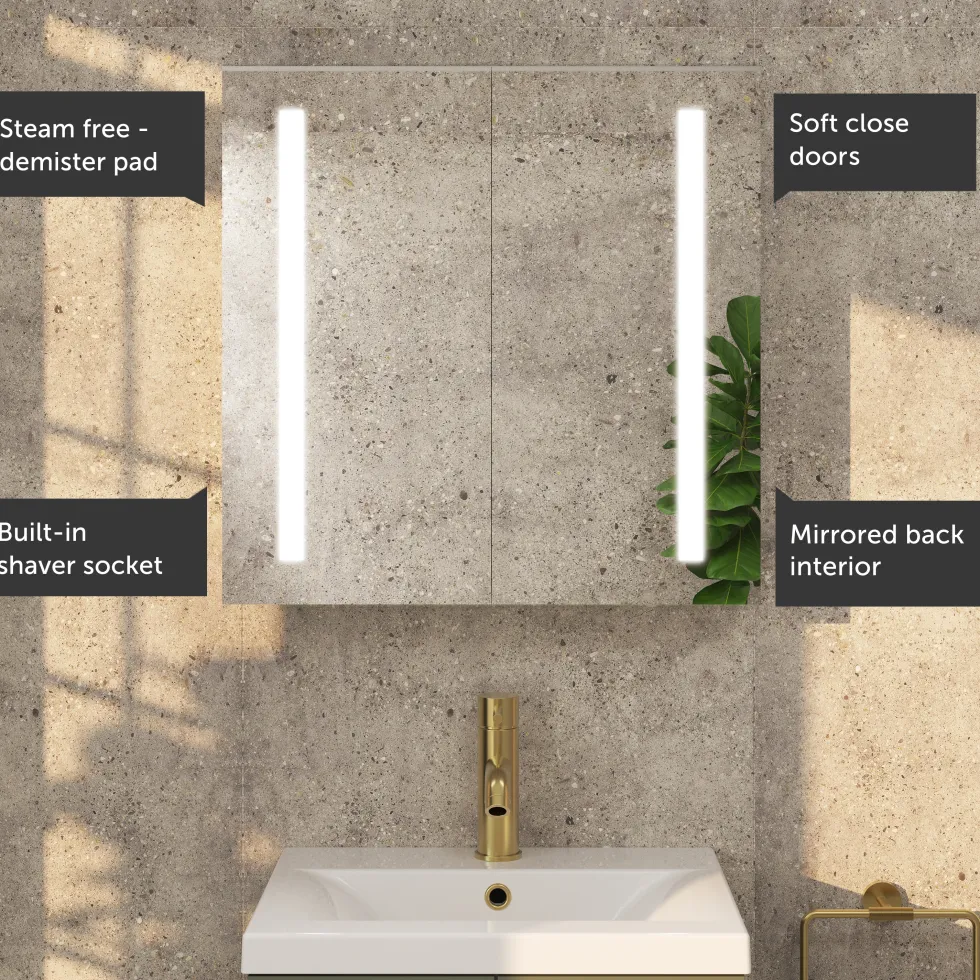 Erin Aluminium Double Door LED Bathroom Mirror Cabinet with Demister Pad & Shaver Socket - 600 x 600mm