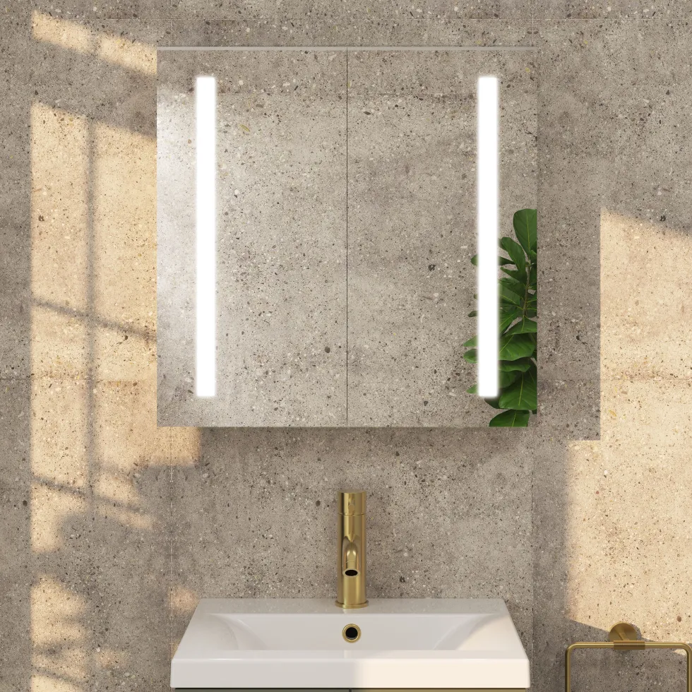 Erin Aluminium Double Door LED Bathroom Mirror Cabinet with Demister Pad & Shaver Socket - 600 x 600mm