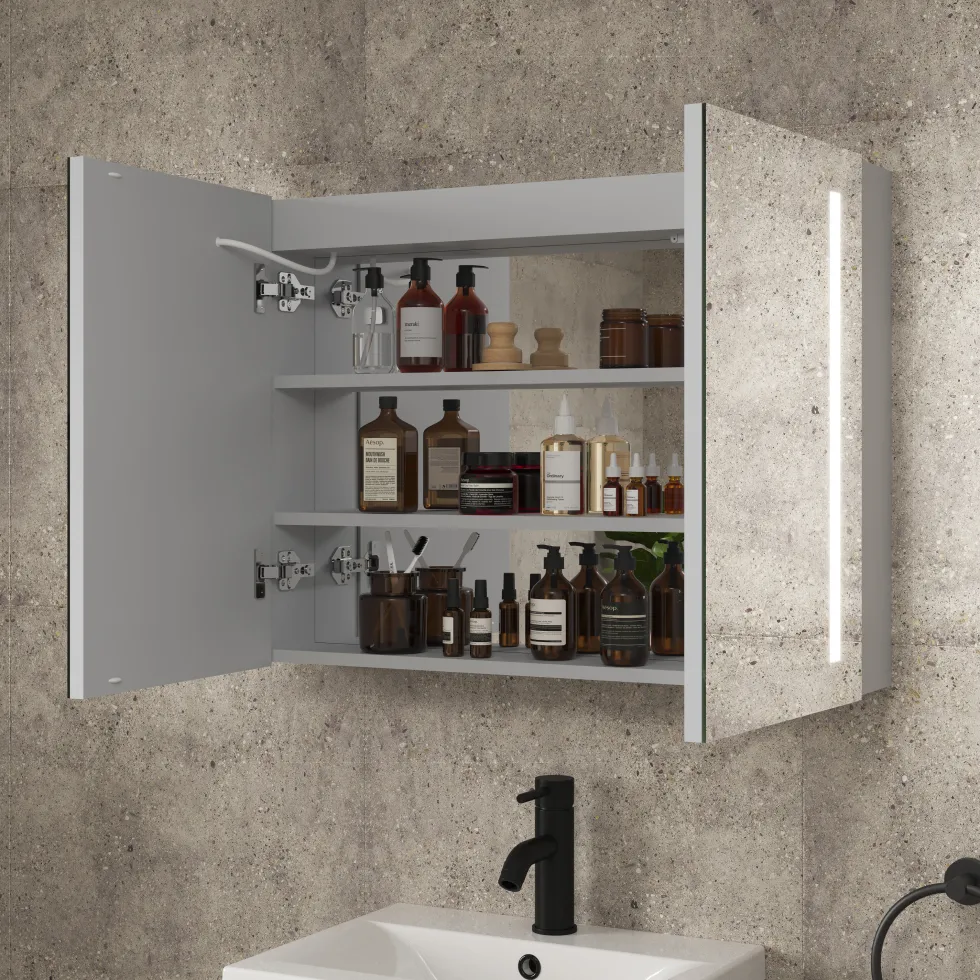 Erin Aluminium Double Door LED Bathroom Mirror Cabinet with Demister Pad & Shaver Socket - 800 x 600mm