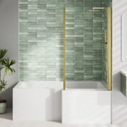 Erin Brushed Brass Shower Bath Suite with 1700mm L Shaped Bath & Rimless Toilet