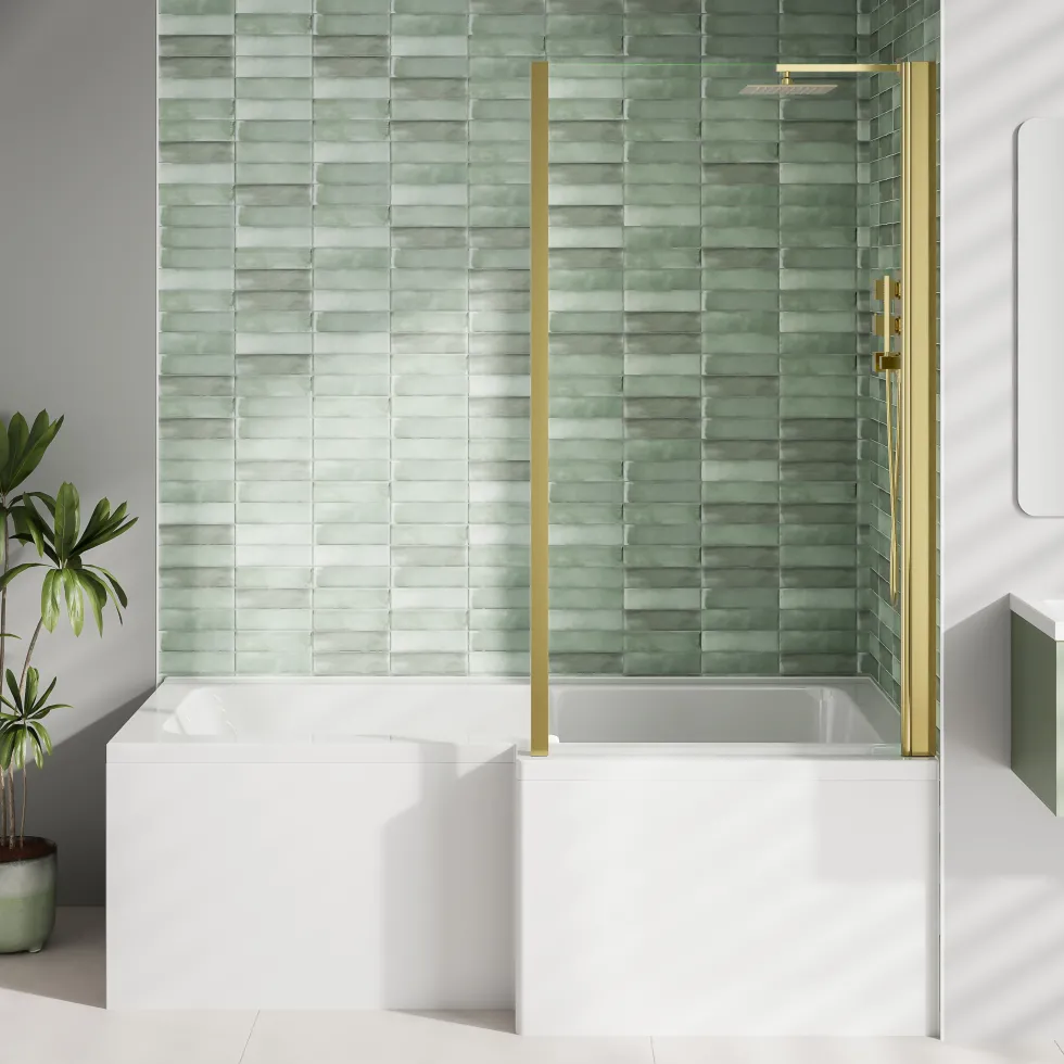 Erin Brushed Brass Shower Bath Suite with 1700mm L Shaped Bath & Rimless Toilet