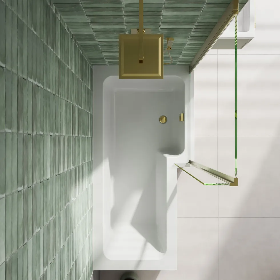 Erin Brushed Brass Shower Bath Suite with 1700mm L Shaped Bath & Rimless Toilet