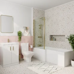 Erin Brushed Brass Shower Bath Suite with 1700mm L Shaped Bath & Rimless Toilet