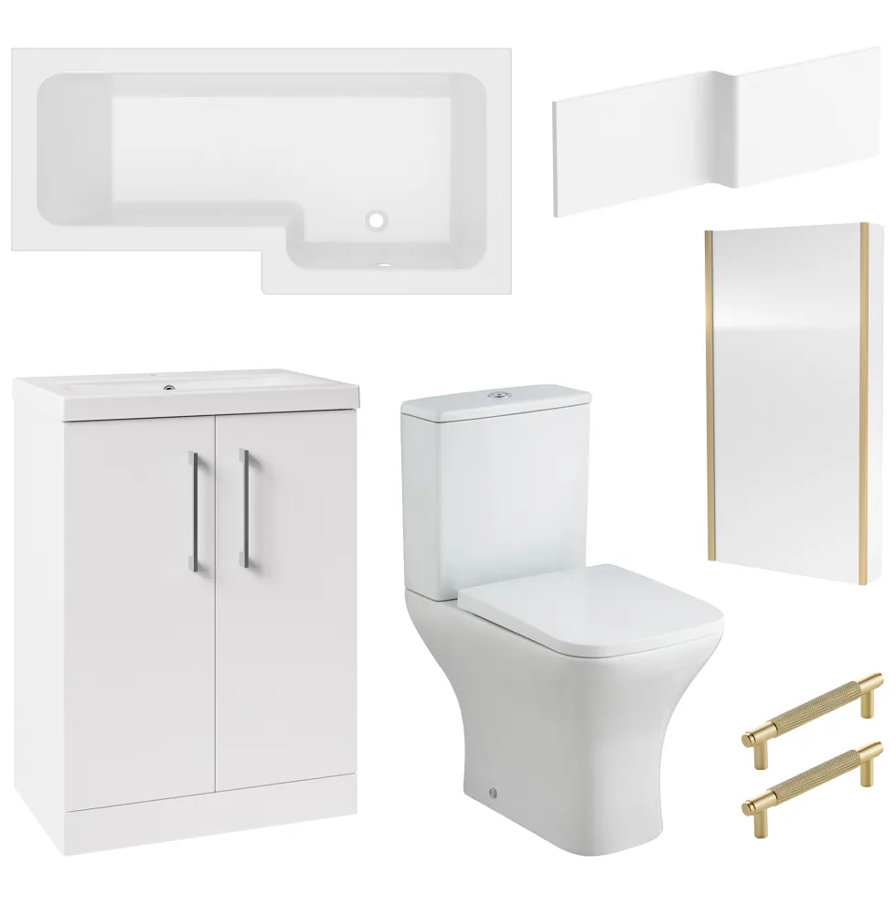 Erin Brushed Brass Shower Bath Suite with 1700mm L Shaped Bath & Rimless Toilet