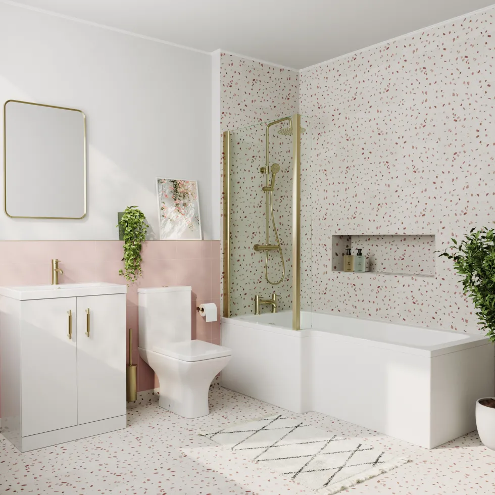 Erin Brushed Brass Shower Bath Suite with 1700mm L Shaped Bath & Rimless Toilet