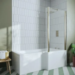 Erin Brushed Brass Shower Bath Suite with 1700mm L Shaped Bath & Rimless Toilet