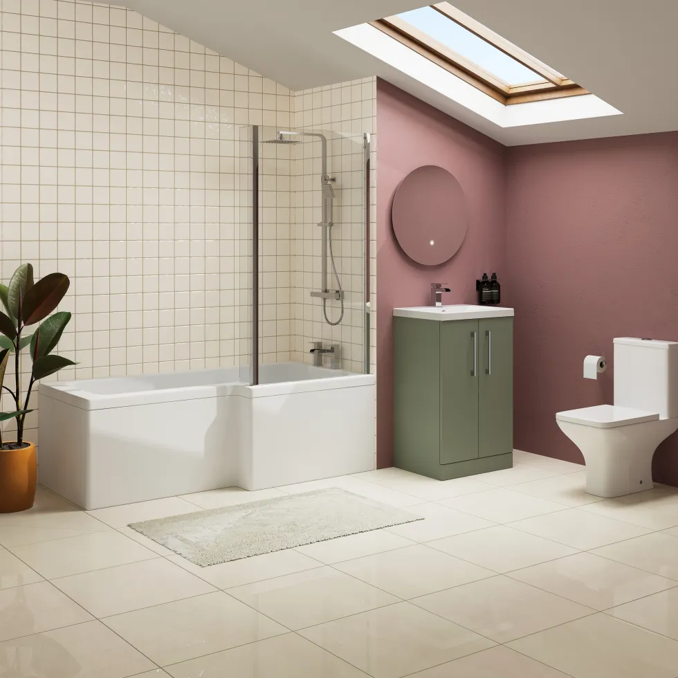 Erin Complete Bathroom Suite with 1700mm L Shaped Shower Bath & Rimless Toilet