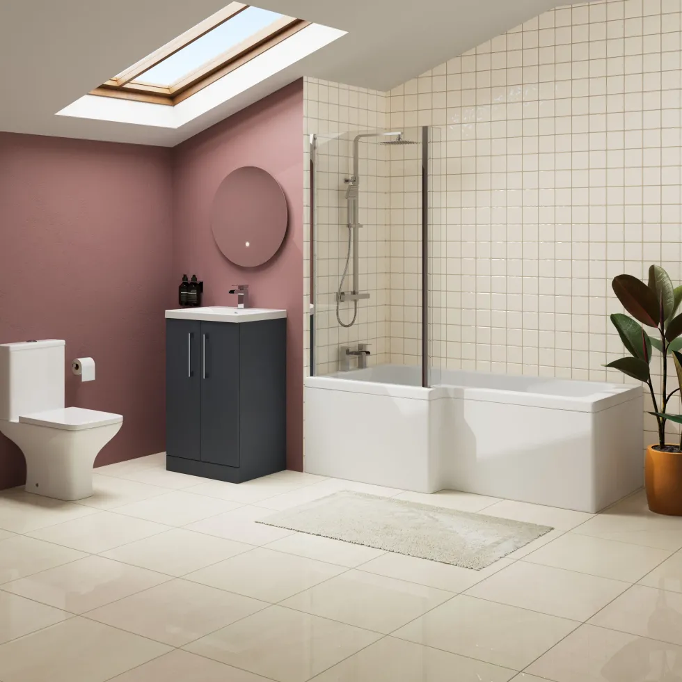 Erin Complete Bathroom Suite with 1700mm L Shaped Shower Bath & Rimless Toilet