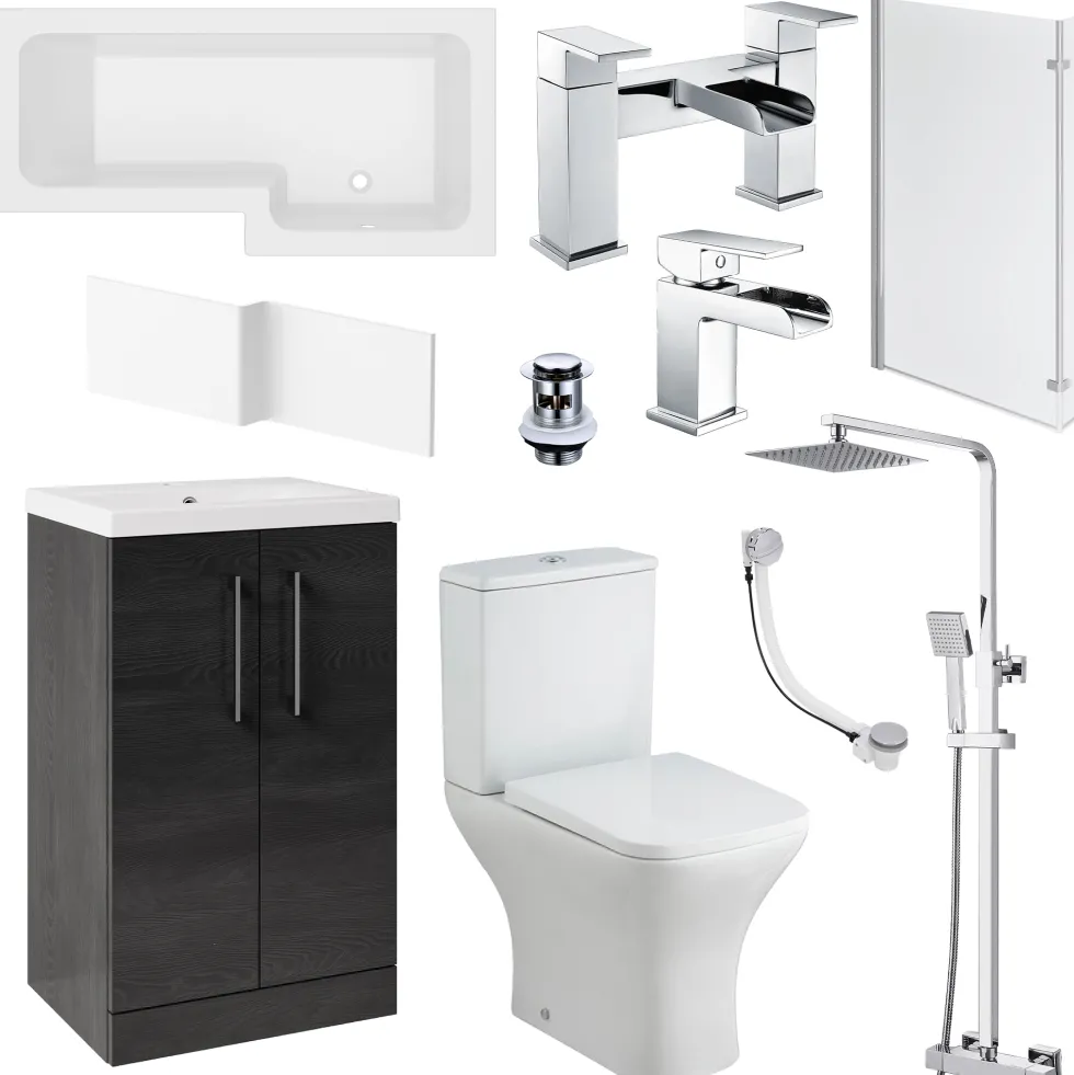Erin Complete Bathroom Suite with 1700mm L Shaped Shower Bath & Rimless Toilet