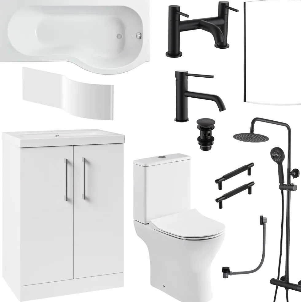 Erin Complete Matt Black Bathroom Suite with 1700mm P Shaped Shower Bath & Rimless Toilet