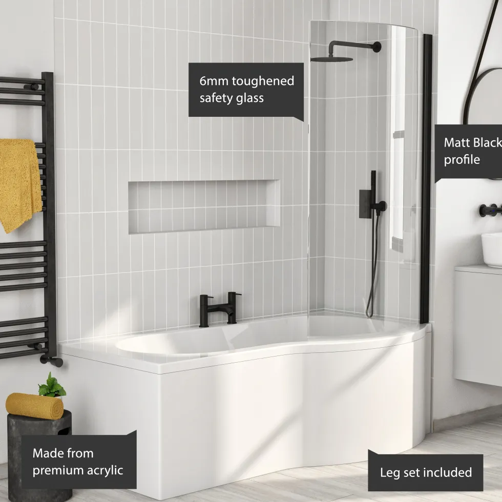 Erin Complete Matt Black Bathroom Suite with 1700mm P Shaped Shower Bath & Rimless Toilet