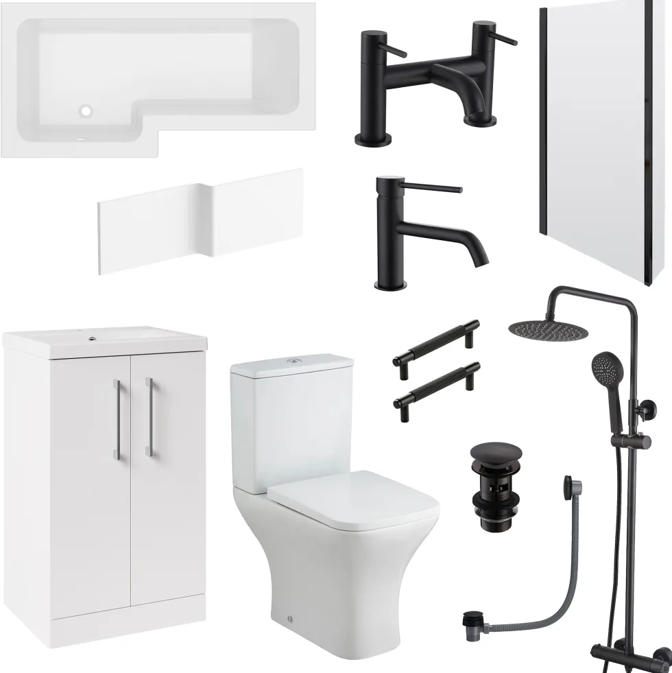 Erin Complete Modern Matt Black Bathroom Suite with 1700mm L Shaped Shower Bath & Rimless Toilet