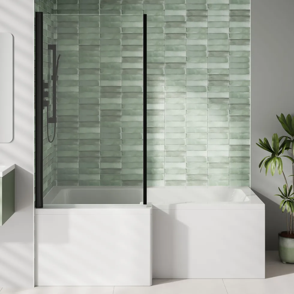 Erin Complete Modern Matt Black Bathroom Suite with 1700mm L Shaped Shower Bath & Rimless Toilet