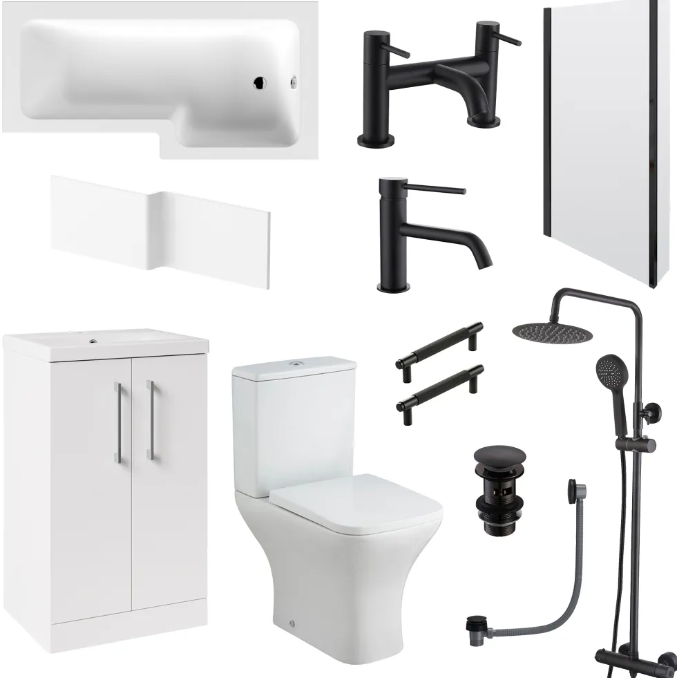 Erin Complete Modern Matt Black Bathroom Suite with 1700mm L Shaped Shower Bath & Rimless Toilet