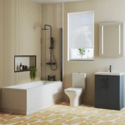 Erin Matt Black Reinforced Shower Bath Suite with Rimless Toilet