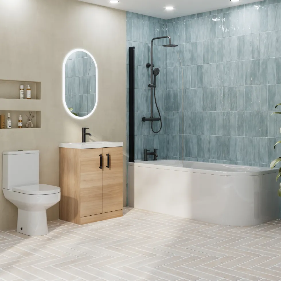Erin Matt Black Shower Bath Suite with 1700mm J Shaped Bath & Rimless Toilet