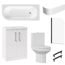 Erin Matt Black Shower Bath Suite with 1700mm J Shaped Bath & Rimless Toilet