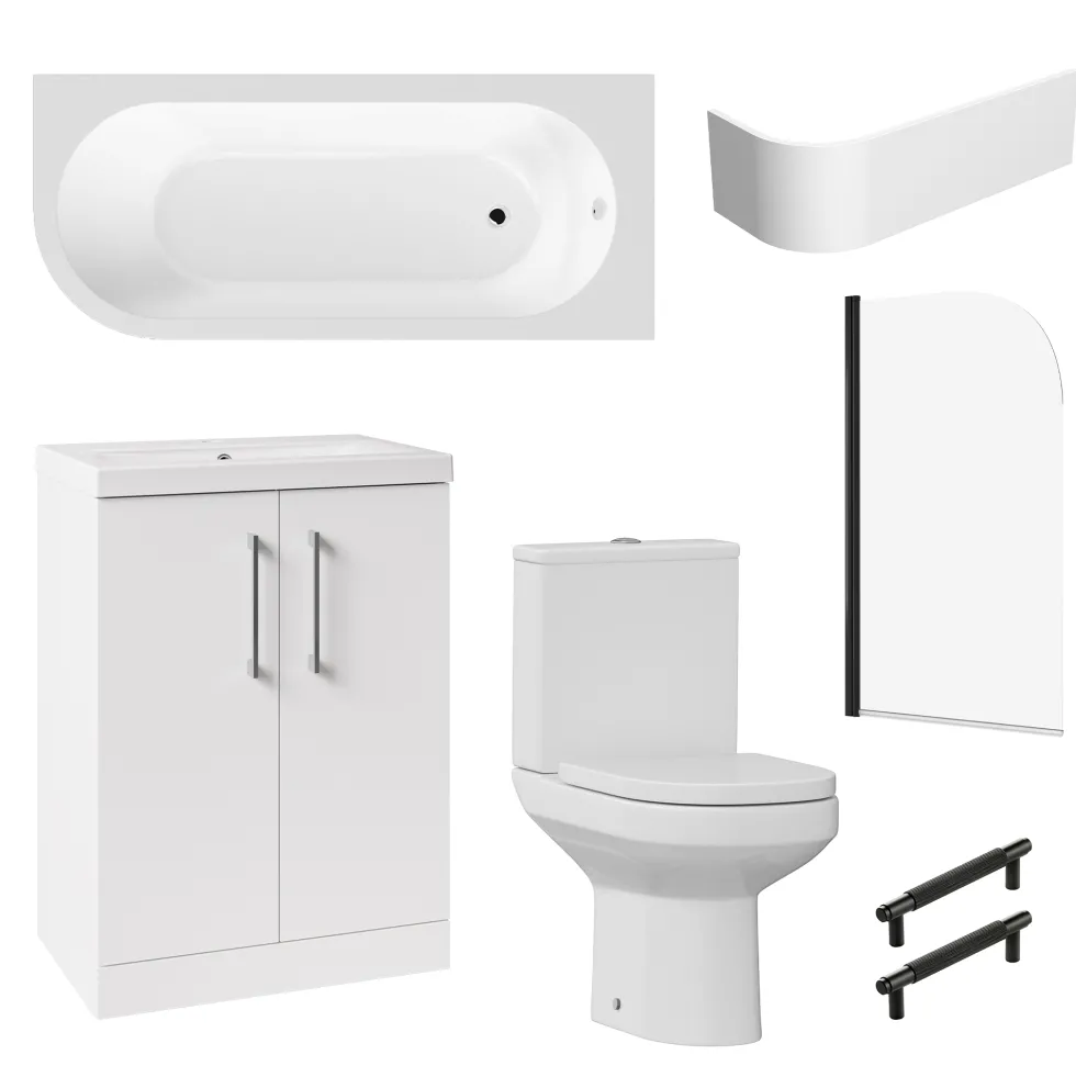 Erin Matt Black Shower Bath Suite with 1700mm J Shaped Bath & Rimless Toilet