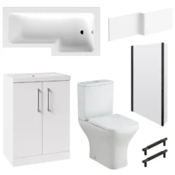 Erin Matt Black Shower Bath Suite with 1700mm L Shaped Bath & Rimless Toilet