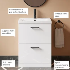 Erin 600mm Floorstanding 2 Drawer Vanity Unit & Basin
