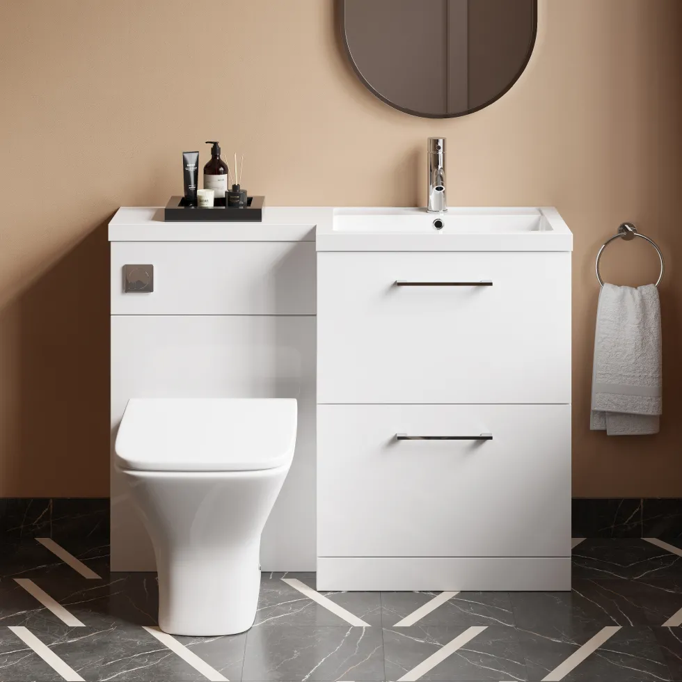 Erin 1100mm Gloss White Combination Bathroom 2 Drawer Sink & Toilet Unit