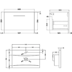 Erin 600mm Wall Mounted 1 Drawer Vanity Unit & Basin