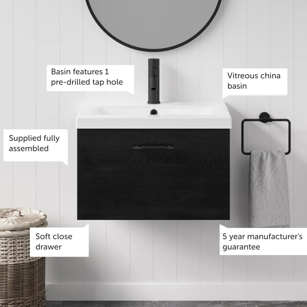 Erin 600mm Wall Mounted 1 Drawer Vanity Unit & Basin