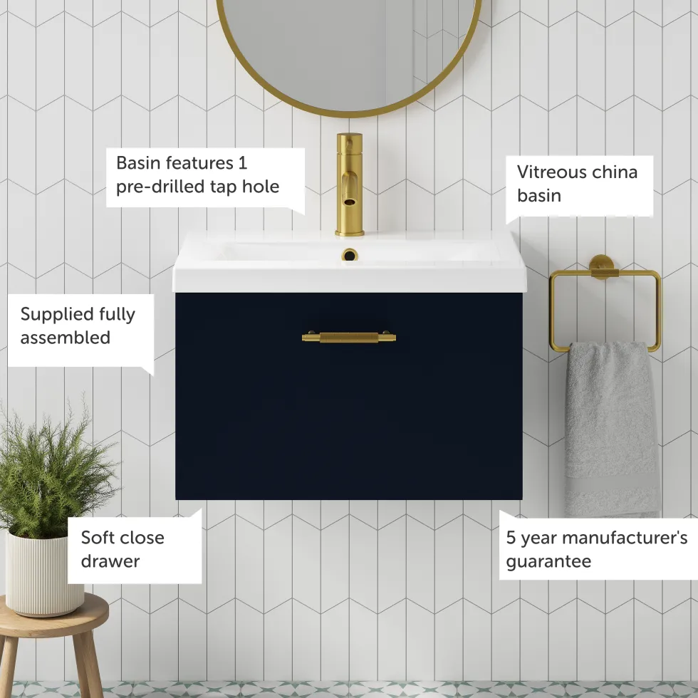Erin 600mm Wall Mounted 1 Drawer Vanity Unit & Basin