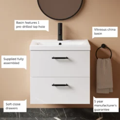 Erin 600mm Wall Mounted 2 Drawer Vanity Unit & Basin