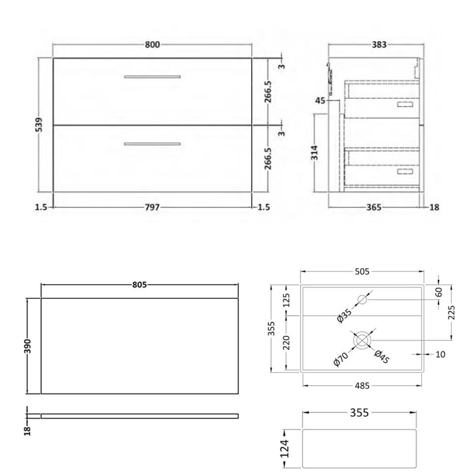 Erin 800mm Wall Mounted 2 Drawer Vanity Unit & Countertop