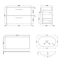 Erin 800mm Wall Mounted 2 Drawer Vanity Unit & Countertop