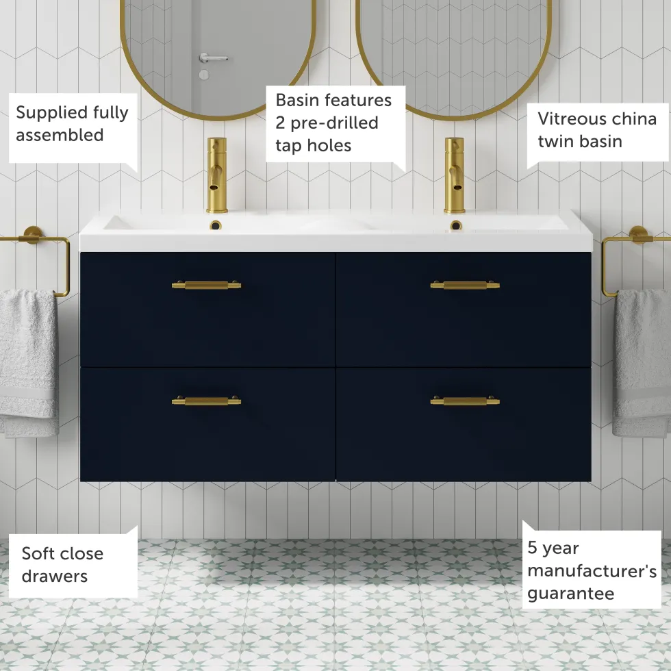 Erin 1200mm Wall Mounted 4 Drawer Vanity Unit & Double Basin