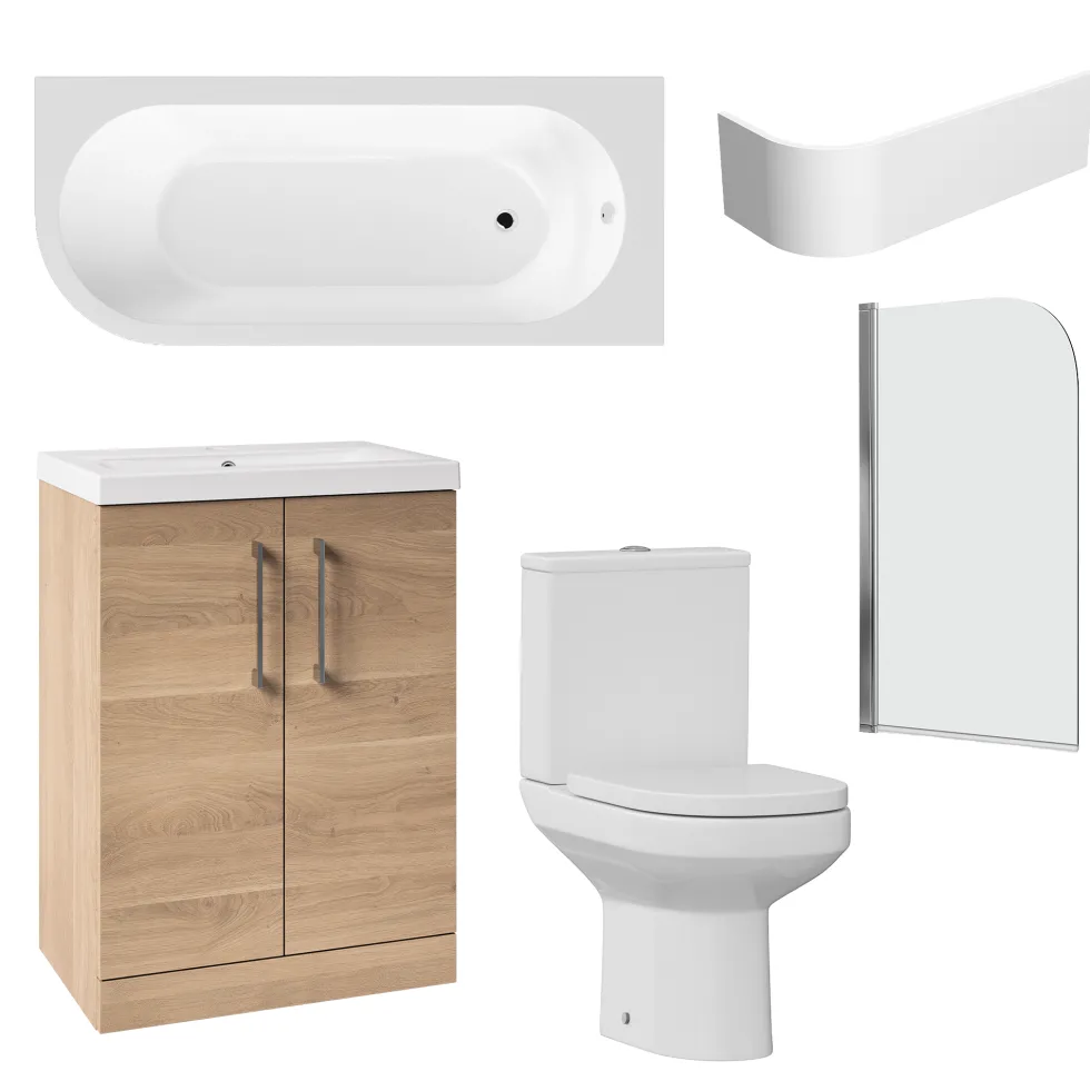 Erin Modern Shower Bath Suite with 1700mm J Shaped Bath & Rimless Toilet