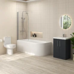 Erin Modern Shower Bath Suite with 1700mm J Shaped Bath & Rimless Toilet